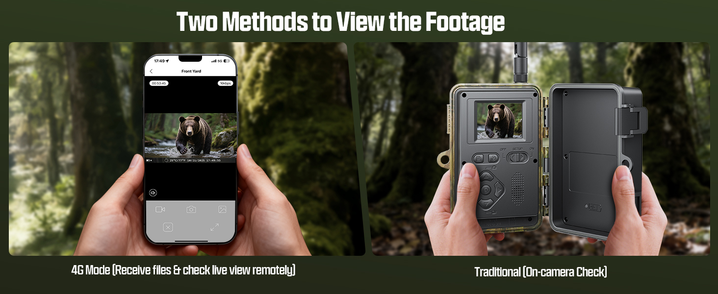 Text reads 'Two Methods to View the Footage'. Split-screen demonstration showing two different viewing methods for a camera device in outdoor settings.