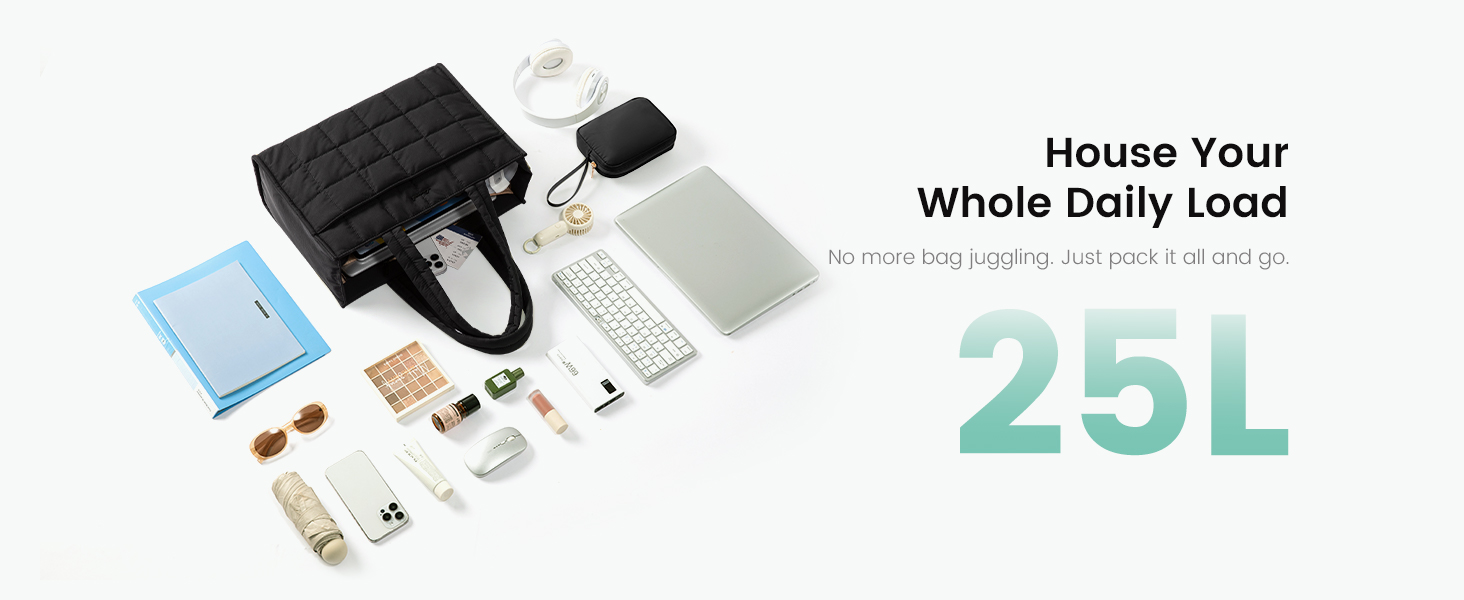 Twenty-five liter tote holds laptop, makeup, water bottle and daily essentials in one organized bag