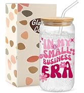 Mikopei New Business Owner Gifts for Women, In My Small Business Era Glass Cup with Lid and Straw...