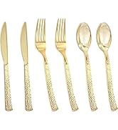 Nervure 300PCS Gold Hammered Plastic Silverware - Heavy Duty Plastic Cutlery - Gold Disposable Ut...