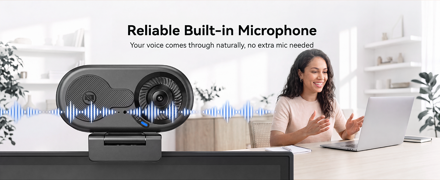 1080P Webcam for PC with built-in mic captures clearer voice than laptop audio without extra gear