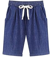 FABEILAI Women's Knee-Length Bermuda Casual Shorts with Elastic Waist Drawstring