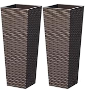 Greesum 24 Inch Tall Plastic Planters with Rattan Texture – Set of 2, Detachable Inner Pot & Drai...