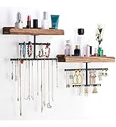 Keebofly Hanging Wall Mounted Jewelry Organizer with Rustic Wood Jewelry Holder Display for Neckl...