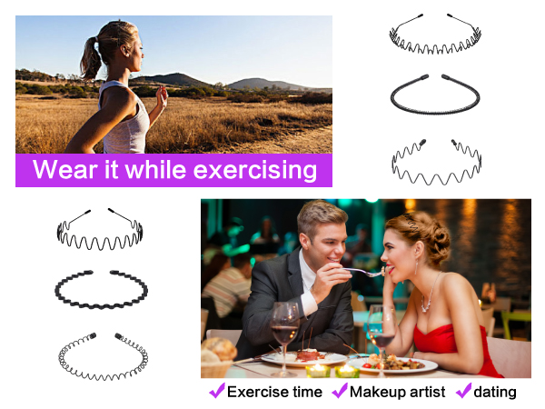 fenshine 6PCS Metal Hair Bands, Spring Wavy Hoop Unisex Black Headband