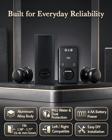 Smart door lock with keypad and door knob highlighting durable construction and easy installation.