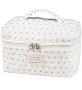 Big Cute Makeup Bag for Women, Large Travel Floral Cotton Cosmetic Bag, Coquette Aesthetic Quilte...