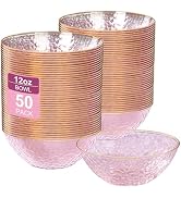 I00000 50 Pack 12 Ounce Pink Plastic Bowls Serving Bowls Hammered Clear Bowl with Gold Rimmed, He...