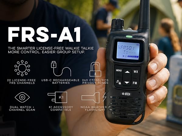 BTECH FRS-A1 radio held at campsite with feature icons for channels, USB-C, tones, and NOAA