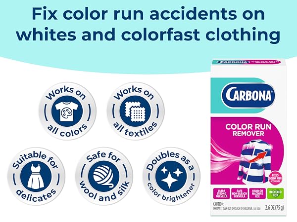Carbona color run remover for whites and colorfast fabrics affected by dye transfer in laundry