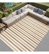 PureCozy Outdoor Waterproof Patio Rug 9x12 Plastic Straw Reversible Outside Brown Colorful Stripe...