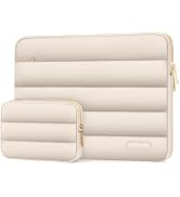 Beige laptop sleeve with horizontal quilted padding and matching small accessory pouch. Both feature gold zippers and appear to be made of water-resistant material.