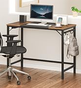 Computer Desk, Home Office Desk with Power Outlet, Modern Study Writing Desk with 3 Hooks