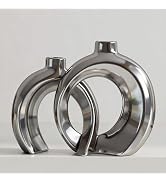 Set of 2 Silver Ceramic Vases for Home Decor Accents - Unique Hollow Donut Artistic Design Modern...