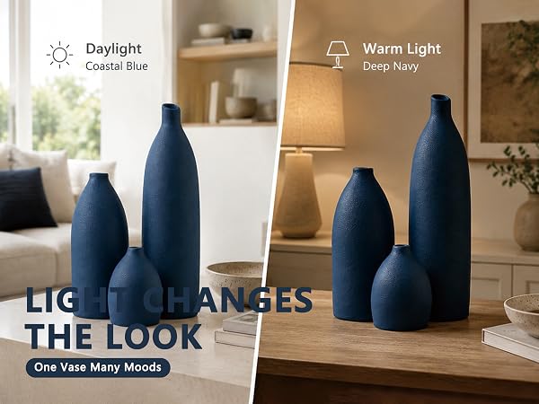 Navy blue ceramic vase set shown under daylight as coastal blue and warm light as deep navy
