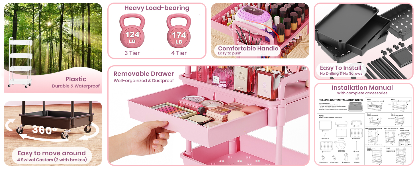 Goovilla rolling cart with drawers,durable materials,360° swivel casters and easy installation