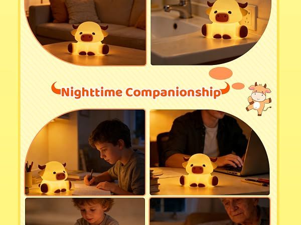 A plush animal nightlight lamp shown in a dark room. Text reads 'Nighttime Companionship'. Multiple views show the lamp illuminated with a warm glow.