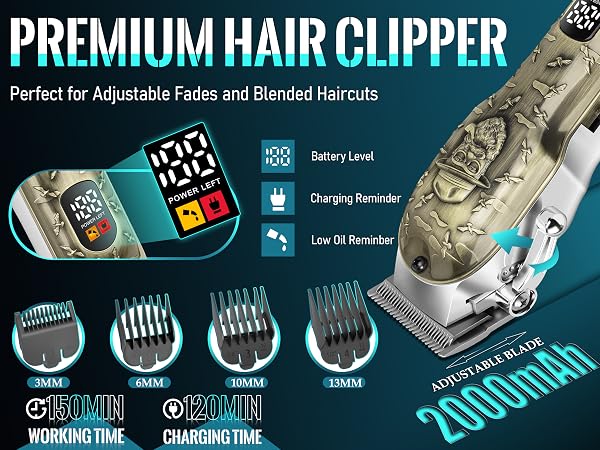 Text reads 'PREMIUM HAIR CLIPPER', 'WORKING TIME', 'CHARGING TIME'. Product advertisement showing electric hair clipper with multiple attachment heads and charging indicators.