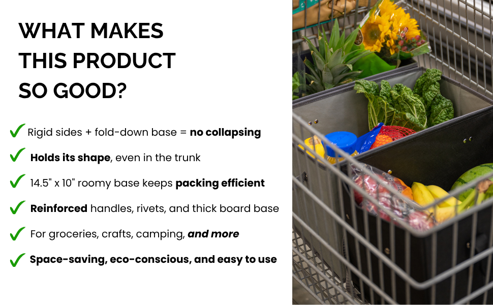 Rigid sides, holds its shape, efficient packing, reinforced handles, eco-conscious