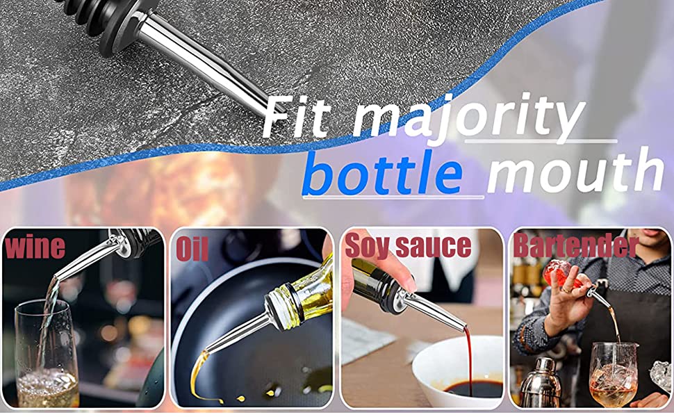 Stainless steel bottle pourer spout shown being used with various liquid containers including wine and soy sauce bottles.
