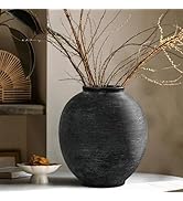 Black Round Ceramic Vase, 9.8 inch Large Textured Flower Vase,Minimalist Rustic Farmhouse Decor f...