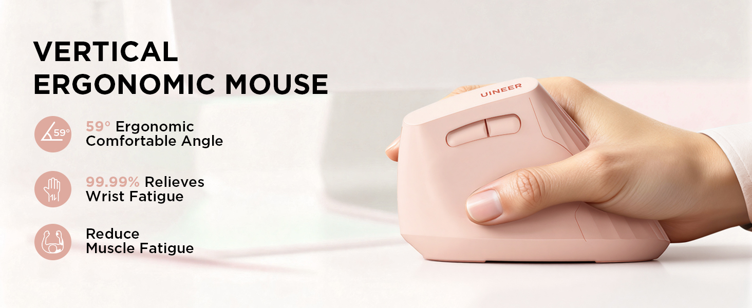 Text reads: 'VERTICAL ERGONOMIC MOUSE', 'Comfortable Angle', 'Reduce Wrist Fatigue', 'Muscle Fatigue'. Pink vertical mouse shown from multiple angles.