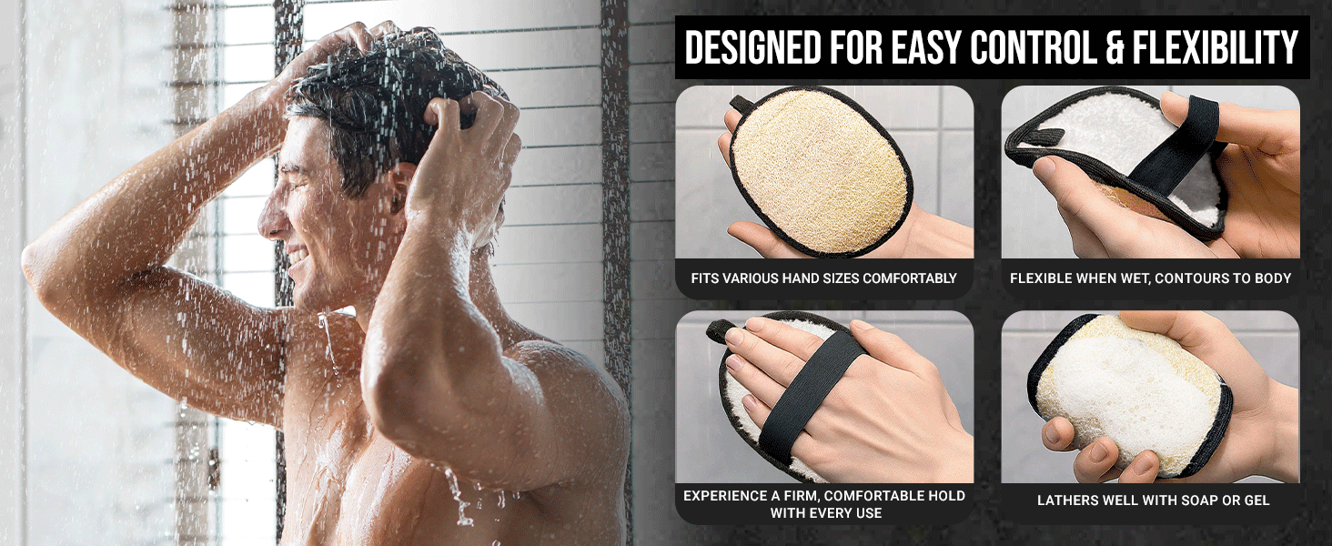 extended grip bath pouf male torso buffer implement personal cleansing grooming toiletry tool back