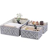 VinneGenzz Macrame Storage Baskets Handmade Boho Decor Box Natural Cotton Rope Woven Bins with Wo...
