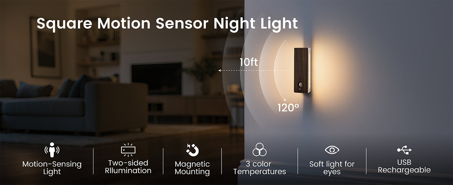 Wooden Motion Sensor Night Light,Rechargeable Light, 3-Color Dimmable Brightness