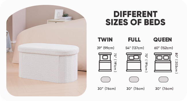 Bed size comparison diagram showing dimensions for Twin (39"), Full (54"), and Queen (60") beds, with a white storage ottoman in the foreground.
