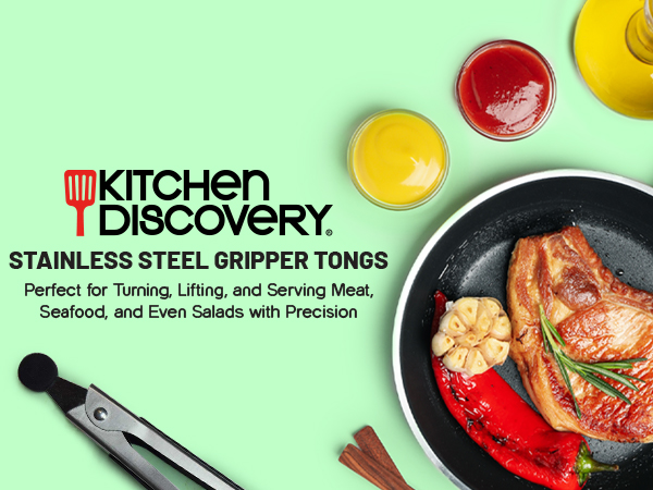 Stainless Steel Gripper Tongs – 8.25 Inch Metal Tongs with Teeth for Nonslip Grilling, Cooking