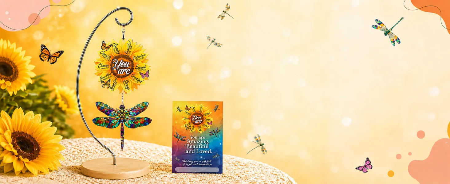 Sunflower Dragonfly Desk Decor with inspirational card and sunflowers