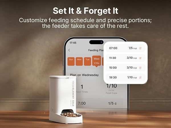 Text reads 'Set It & Forget It' and 'Customize feeding schedule and precise portions; the feeder takes care of the rest.' Automatic pet feeder with digital display showing feeding schedule for Wednesday, portion sizes, and times. Device white with food storage base.