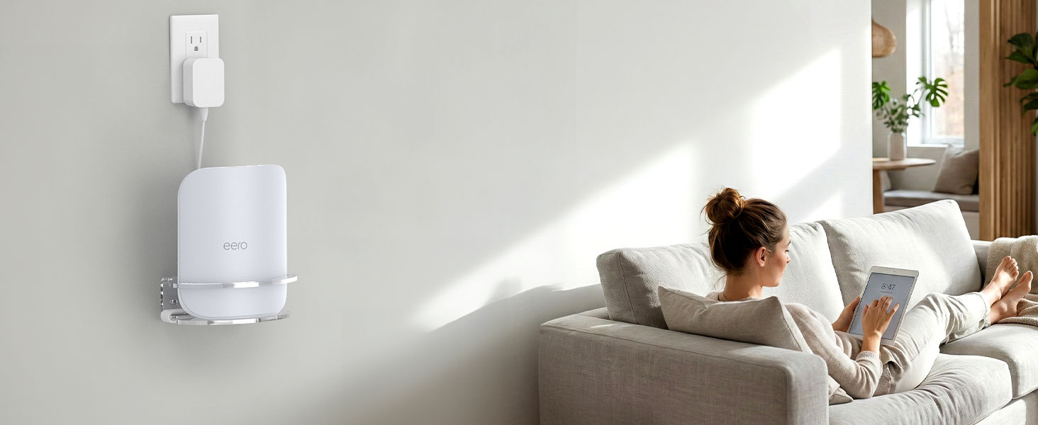 White wall-mounted device shown in various home settings, including living room and bedroom environments with natural lighting.