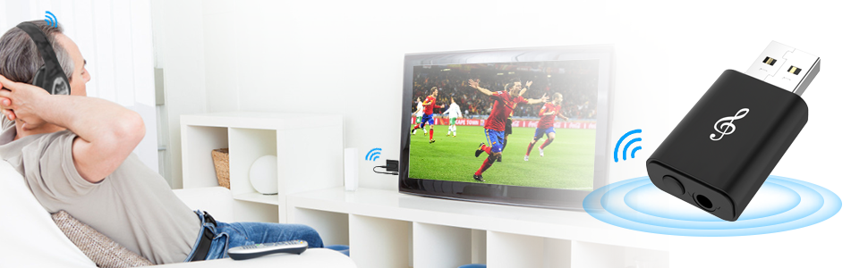 With the Bluetooth audio adapter, you can use wireless headphones to receive sound from your TV