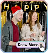 Holiday-themed social media interface or app screen with festive decorations and 'Know More' button at bottom.