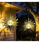 Amugmilk Hanging Solar Lights Outside Lanterns Garden Decorations,2 Pack Metal Sun Outdoor Art De...