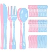 FALIZIFU 150 pcs Light Pink and Blue Plastic Cutlery Set Disposable Heavy Duty Plastic Knives For...