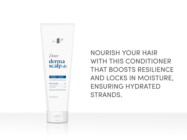 DermaScalp Dandruff Relief Conditioner next to text about boosting resilience & hydration.