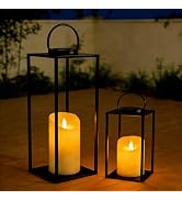 Set of 2 Large Solar Lanterns Outdoor Lighting 18 & 11 Inch - Black Metal Waterproof for Porch, P...