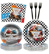 CHUNNIN 96Pcs Monster Truck Party Plates and Napkins for Monster Truck Birthday Party Supplies Pa...