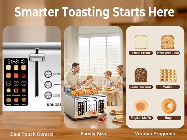 Touchscreen 4-slice toaster with 6 bread programs, dual control, ideal for family breakfasts.