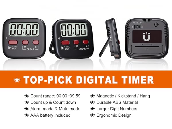 Text reads 'TOP-PICK DIGITAL TIMER'. Product specifications show count range 00:00-99:59, magnetic/kickstand/hang mount, AAA battery included, and large digit readout.