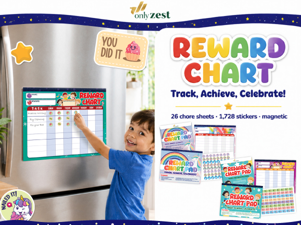 Reward chart set for kids with magnetic fridge chart, 26 sheets and 1,728 stickers