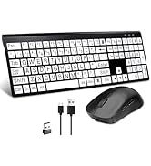 Full Size Wireless Large Print Keyboard and Mouse Set Rechargeable | Quiet Scissor Switch | for S...