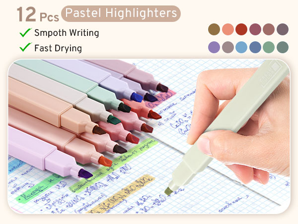 Set of 12 pastel highlighters in various colors. Features smooth writing and fast drying. Shown in use on paper with color swatches displayed above.