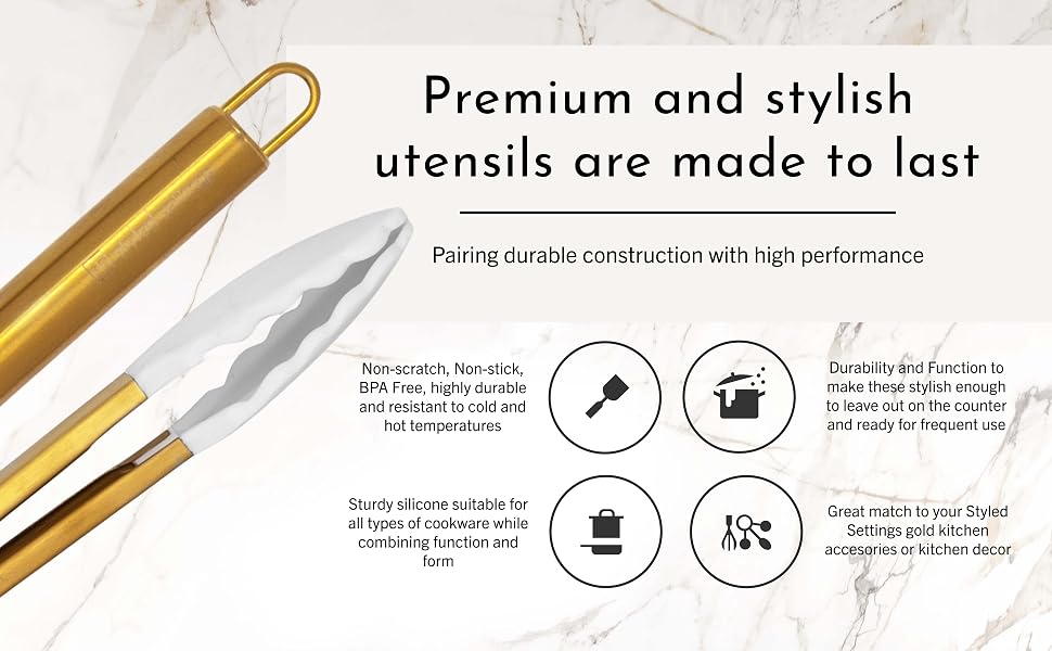 White and Gold Silicone Utensils, Premium and Stylish Utensils, Durable