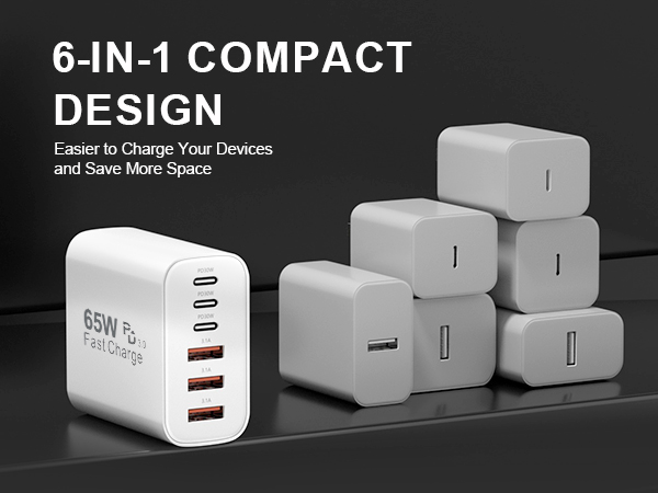 65W 6-Port USB C Wall Charger