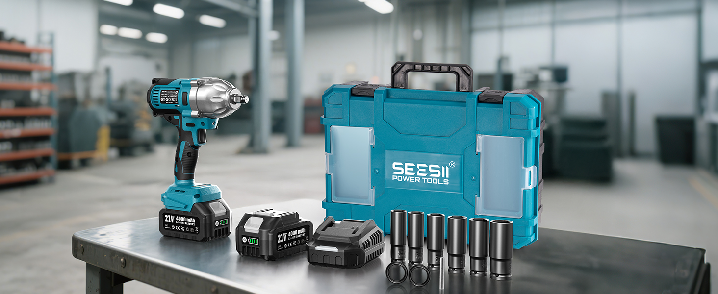 Kit: 1 Impact wrench, 2 batteries, charger, 6 sockets (14-22mm), 4 pins, 4 rings & storag