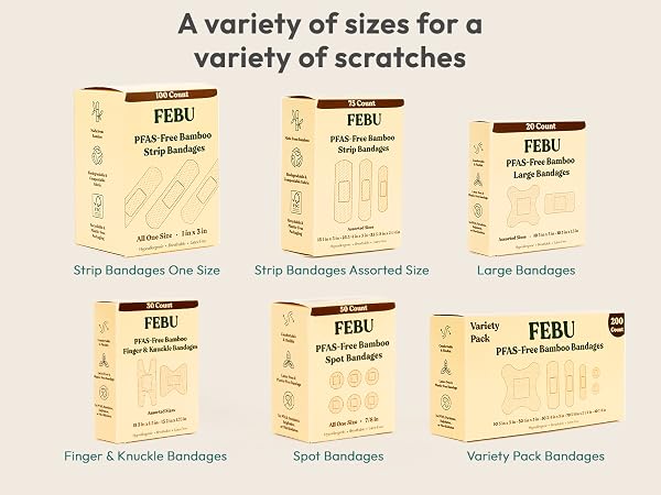 FEBU all natural bamboo bandages. Multiple sizes for all cuts and scrapes